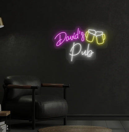 Personalized Pub Name neon sign in pink color mounted on aesthetic wall.