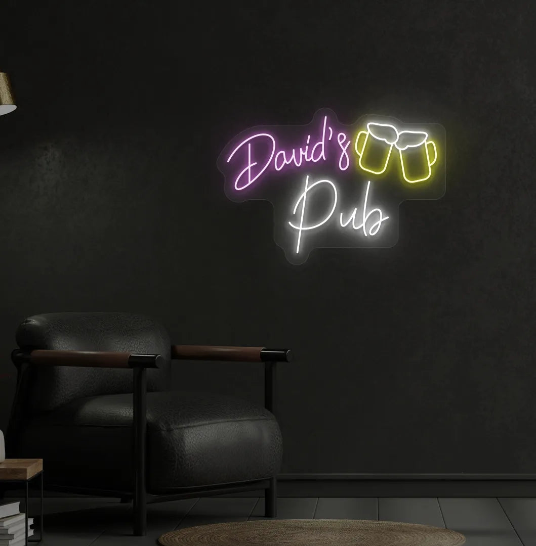 Stylish personalized pub name neon sign mounted on aesthetic wall in purple color.