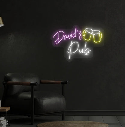 Stylish personalized pub name neon sign mounted on aesthetic wall in purple color.