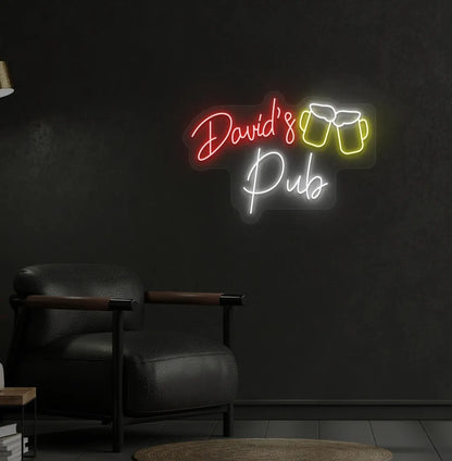 Personalized Pub Name neon sign in red color mounted on aesthetic wall.
