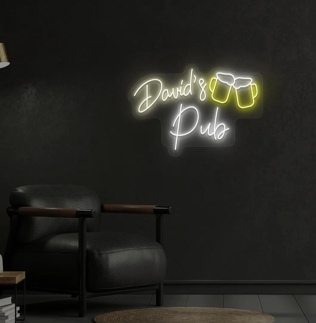 Stylish personalized pub name neon sign mounted on aesthetic wall in warm white color.