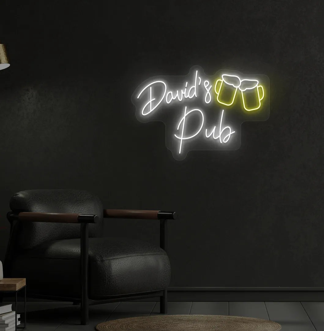 Personalized Pub Name neon sign in white color mounted on aesthetic wall.