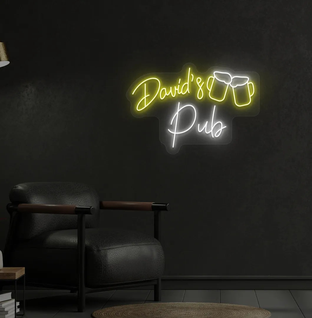 Stylish personalized pub name neon sign mounted on aesthetic wall in yellow color.