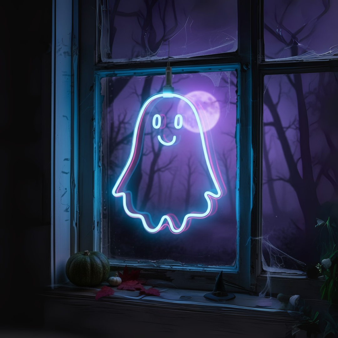 Image of a cute skull neon sign in purple color hanging on a window.