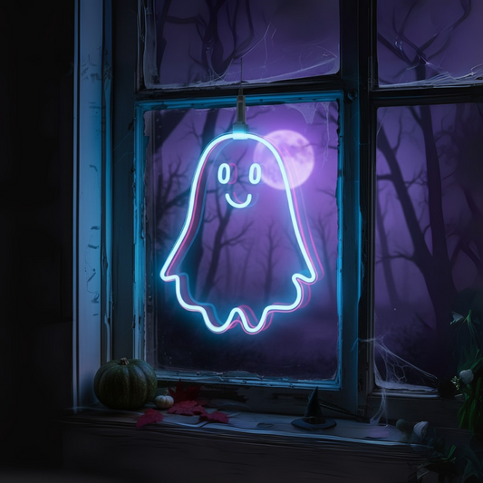 Image of a cute skull neon sign in purple color hanging on a window.