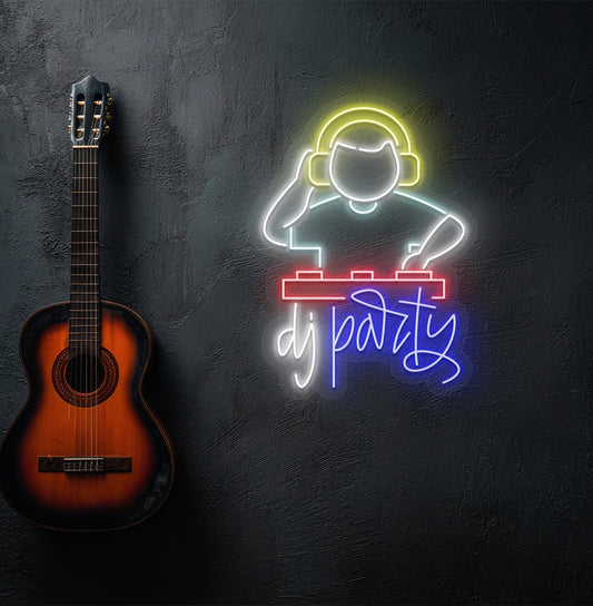 Energetic DJ party neon sign with DJ character mounted on wall in blue color.
