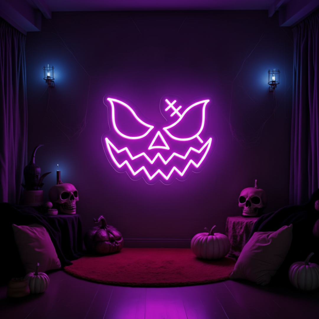 Horror-themed wall with a "Devil Halloween" neon sign in pink LED.