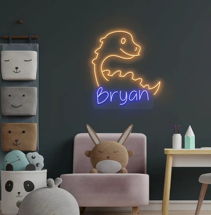 Bright blue personalized dinosaur name neon sign for kids room decoration.
