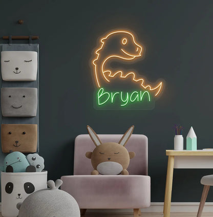 Personalized dinosaur name neon sign mounted on modern kids room wall in green color.