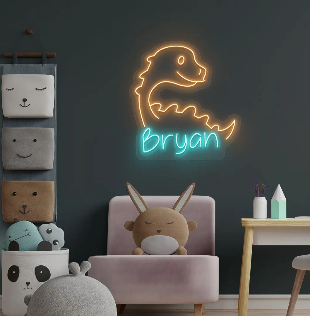 Bright ice blue personalized dinosaur name neon sign for kids room decoration.