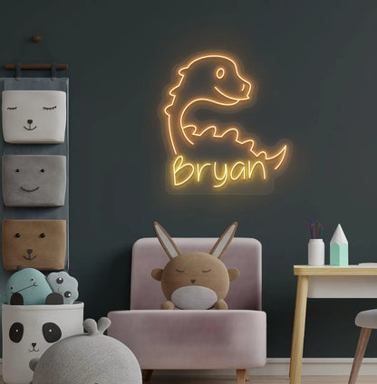 Personalized dinosaur name neon sign mounted on modern kids room wall in orange color.