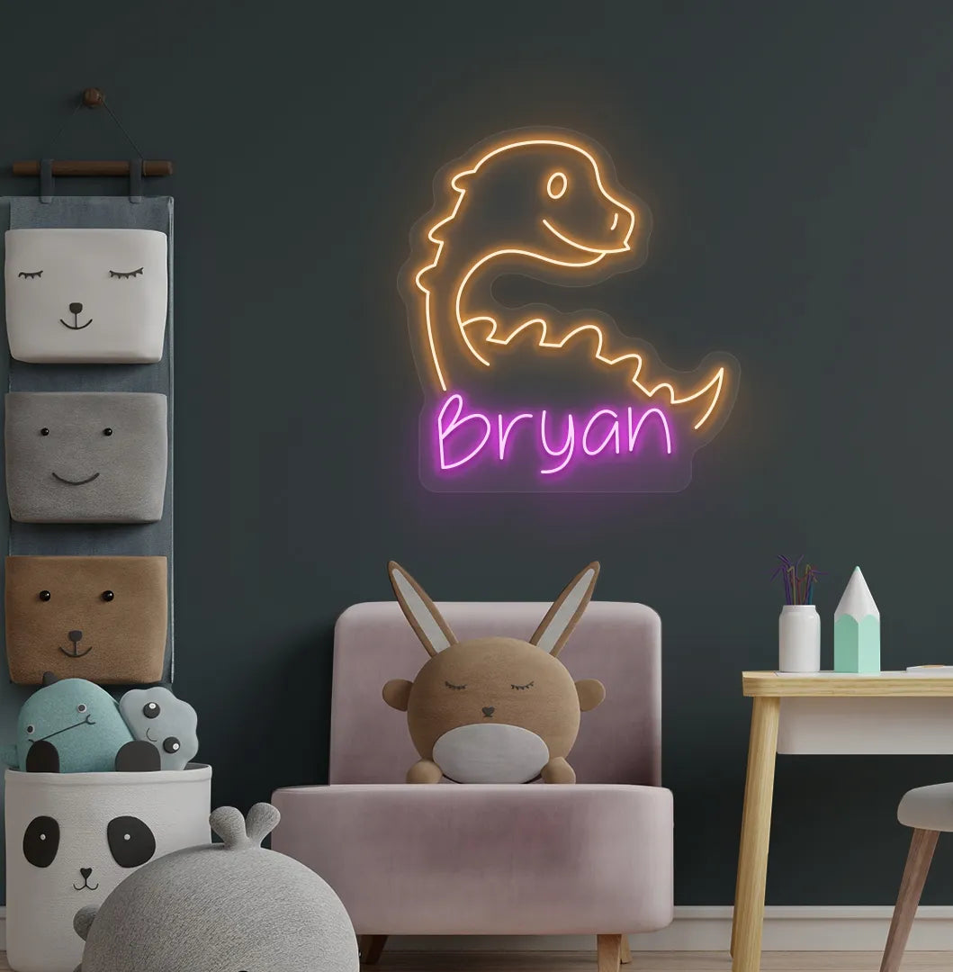 Bright pink personalized dinosaur name neon sign for kids room decoration.