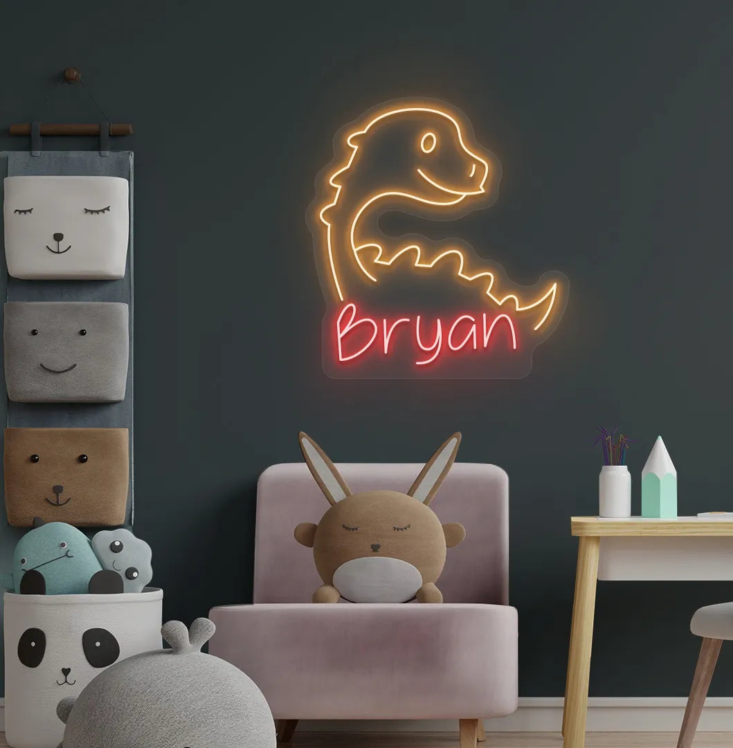 Bright red personalized dinosaur name neon sign for kids room decoration.