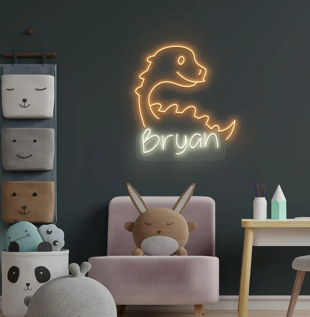 Personalized dinosaur name neon sign mounted on modern kids room wall in warm white color.