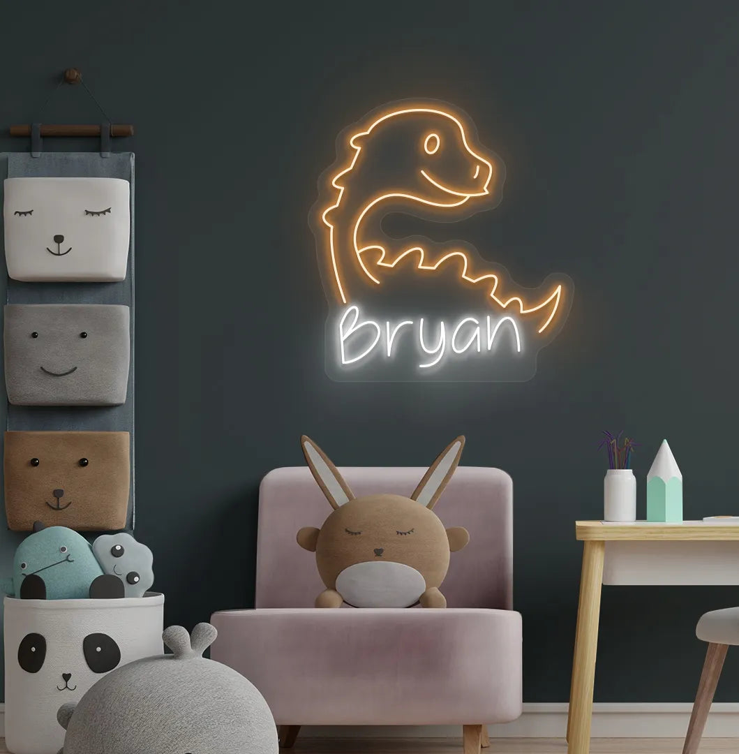 Bright white personalized dinosaur name neon sign for kids room decoration.