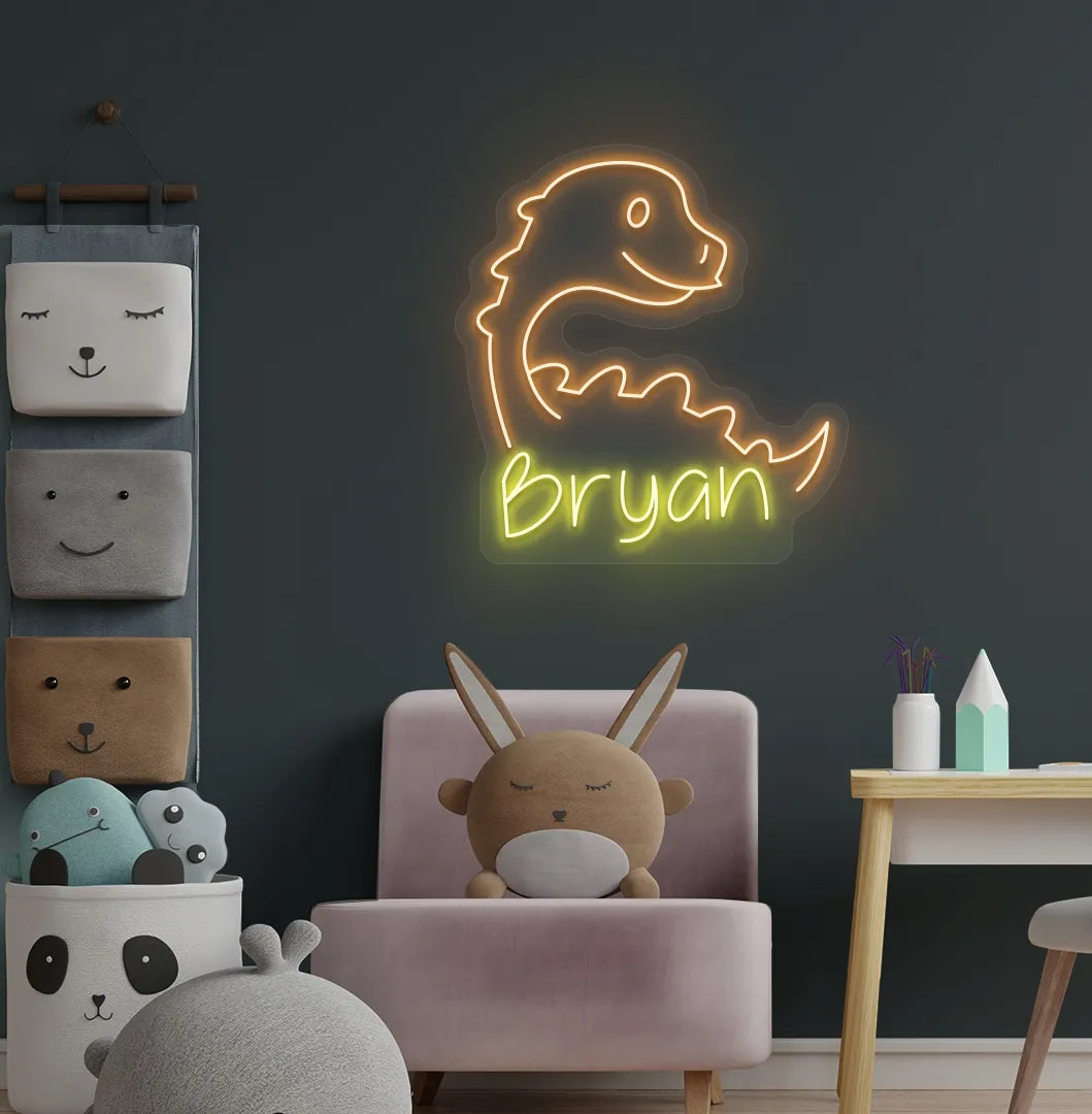 Personalized dinosaur name neon sign mounted on modern kids room wall in yellow color.