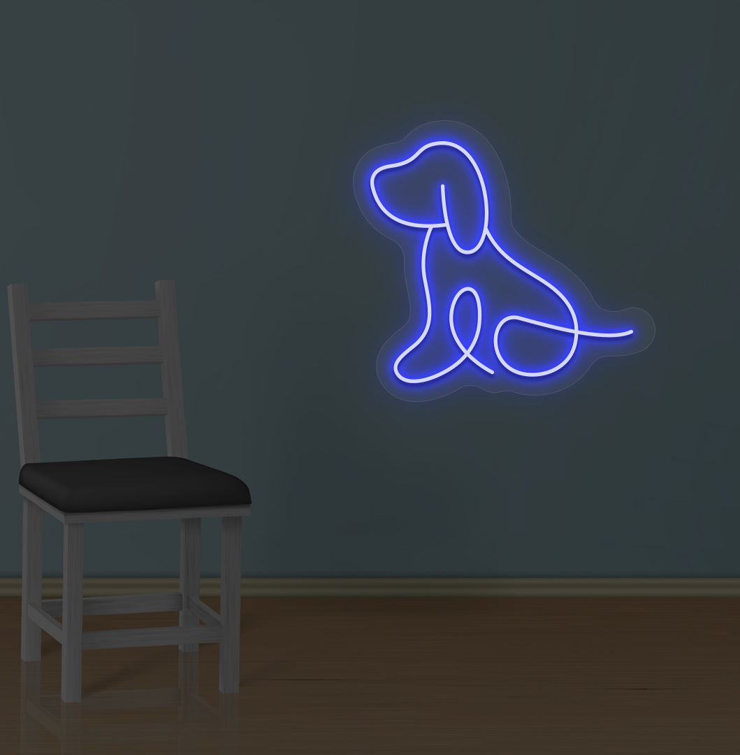 Image of a bright dog LED neon sign mounted on wall in blue color.