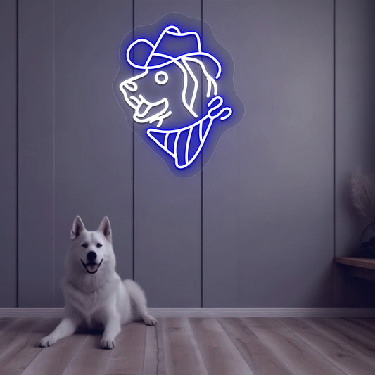Image of a dog face with a hat LED neon sign mounted on a wall in blue color above a cute dog.