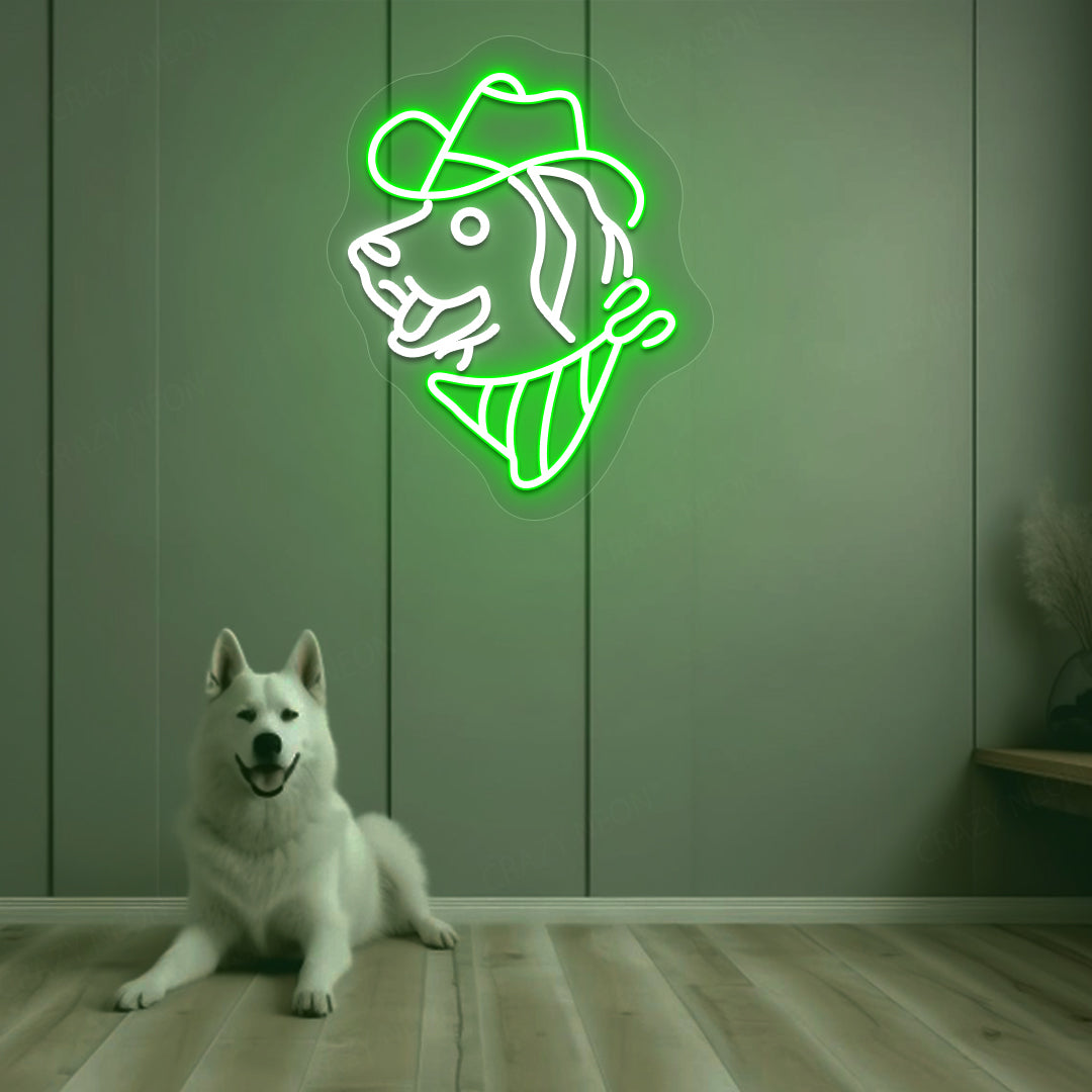 Image of a dog face with a hat LED neon sign mounted on a wall in green color above a cute dog.