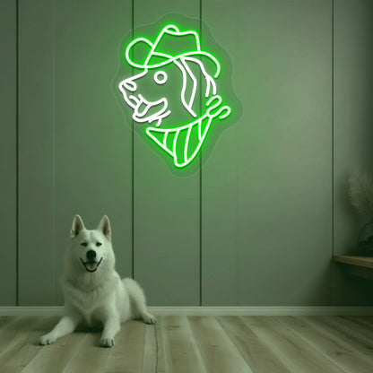 Image of a dog face with a hat LED neon sign mounted on a wall in green color above a cute dog.