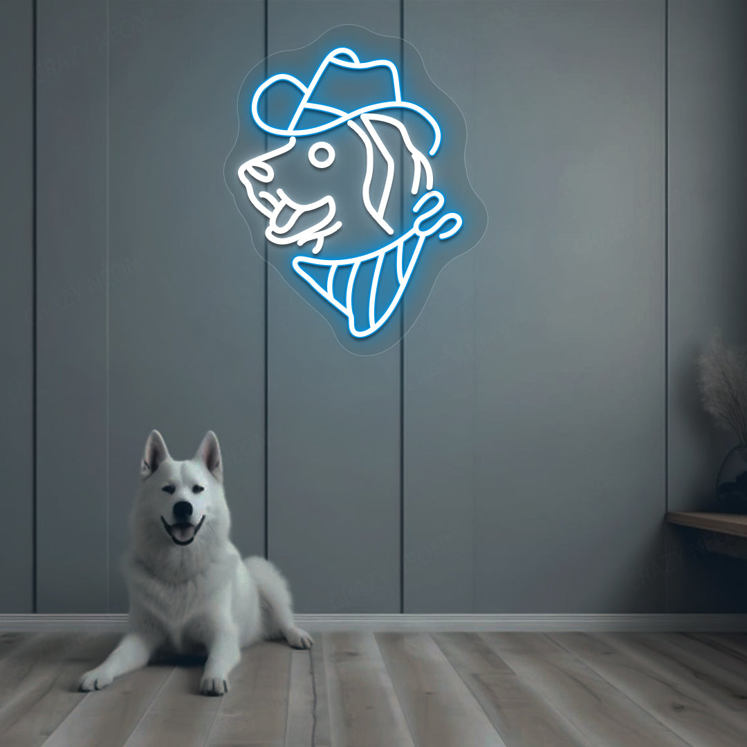 Stylish dog-face hat neon sign in ice blue on aesthetic wall with dog. Perfect for pet lovers’ spaces, living room décor, and kids’ rooms.
