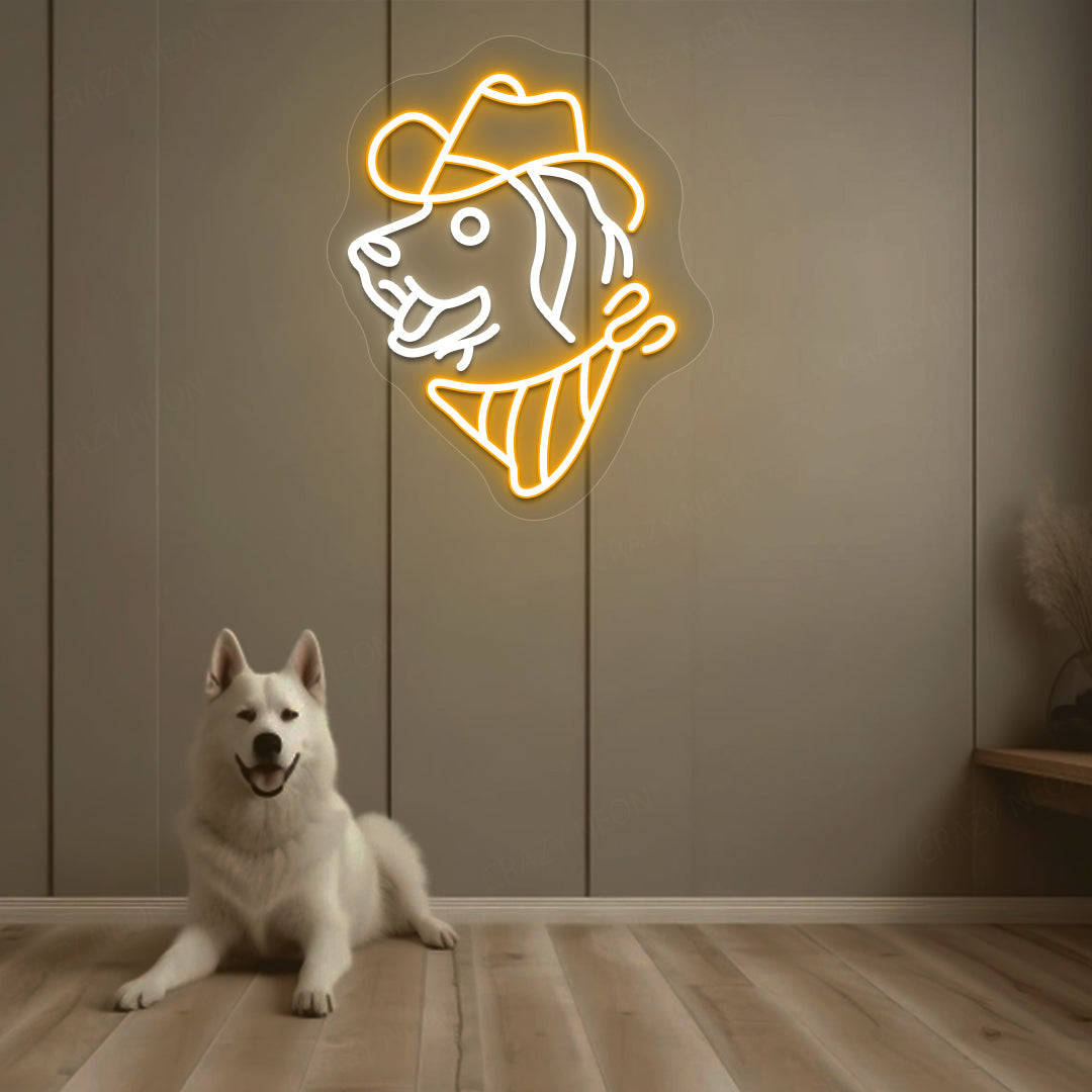 Pet decor with a dog-face LED neon sign wearing a hat, glowing orange, hanging on the wall.
