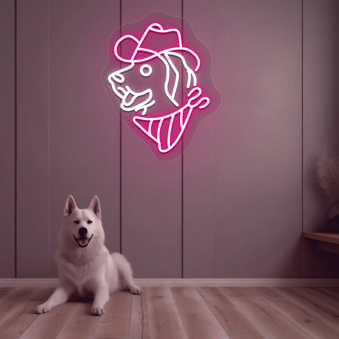 Image of a dog face with a hat LED neon sign mounted on a wall in pink color above a cute dog.