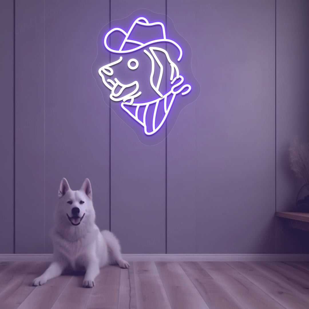 Stylish dog-face hat neon sign in purple on aesthetic wall with dog. Perfect for pet lovers’ spaces, living room décor, and kids’ rooms.