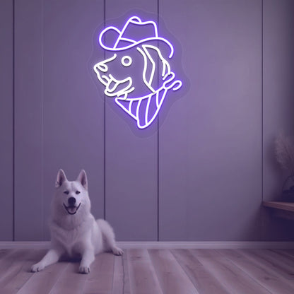 Stylish dog-face hat neon sign in purple on aesthetic wall with dog. Perfect for pet lovers’ spaces, living room décor, and kids’ rooms.