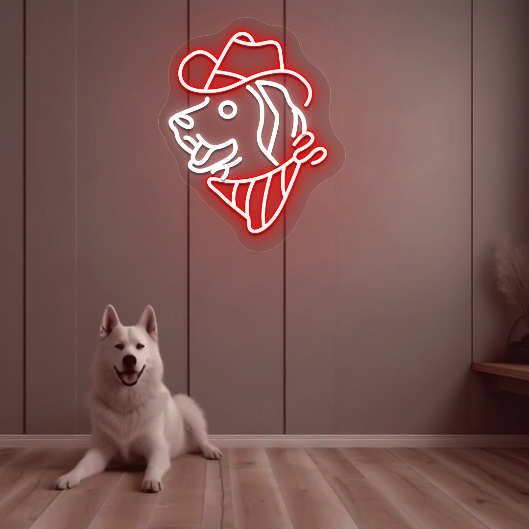 Pet decor with a dog-face LED neon sign wearing a hat, glowing red, hanging on the wall.