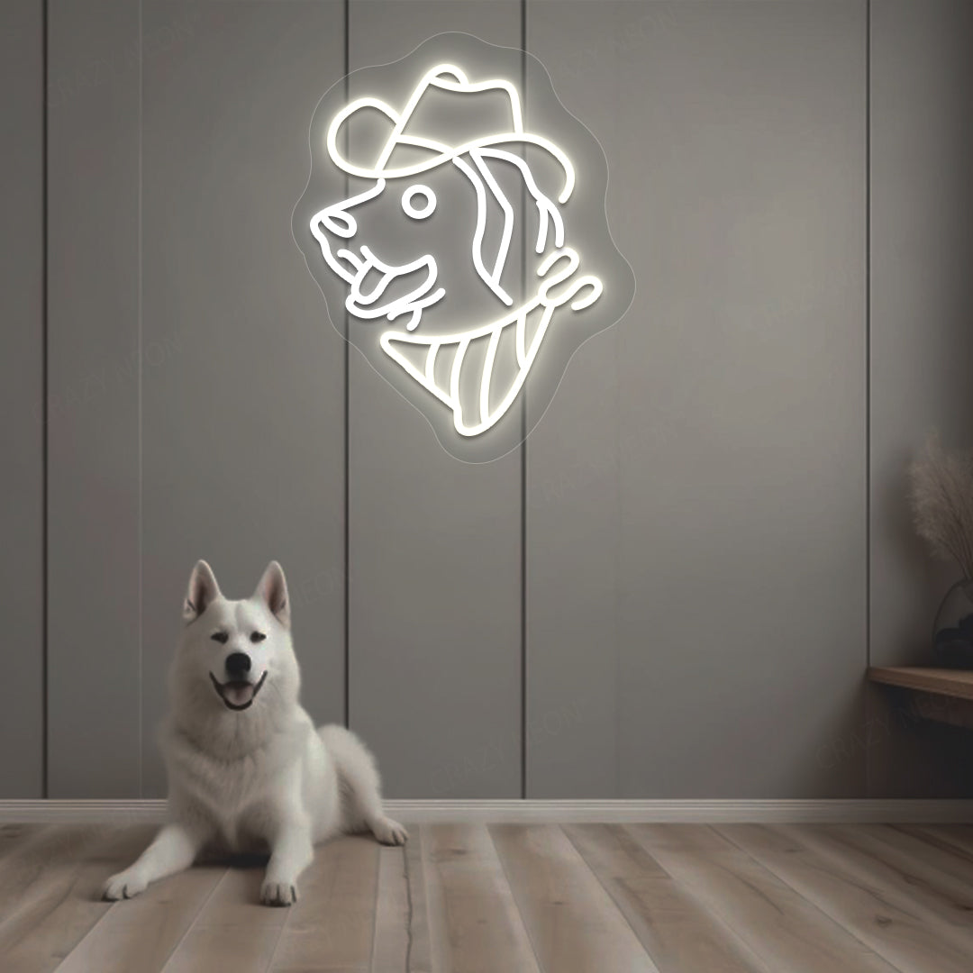 Pet decor with a dog-face LED neon sign wearing a hat, glowing warm white, hanging on the wall.