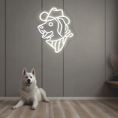 Pet decor with a dog-face LED neon sign wearing a hat, glowing warm white, hanging on the wall.