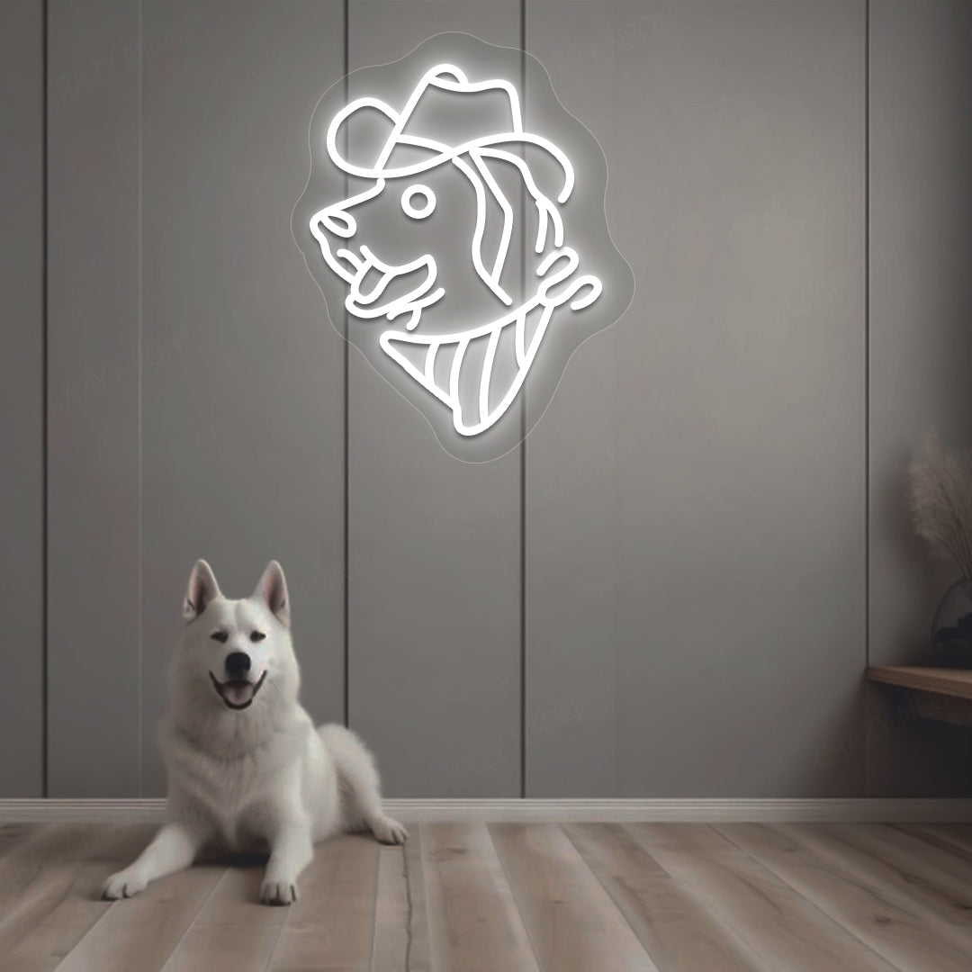 Stylish dog-face hat neon sign in white on aesthetic wall with dog. Perfect for pet lovers’ spaces, living room décor, and kids’ rooms.