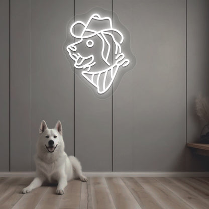 Stylish dog-face hat neon sign in white on aesthetic wall with dog. Perfect for pet lovers’ spaces, living room décor, and kids’ rooms.