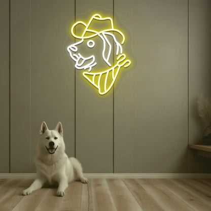 Image of a dog face with a hat LED neon sign mounted on a wall in yellow color above a cute dog.