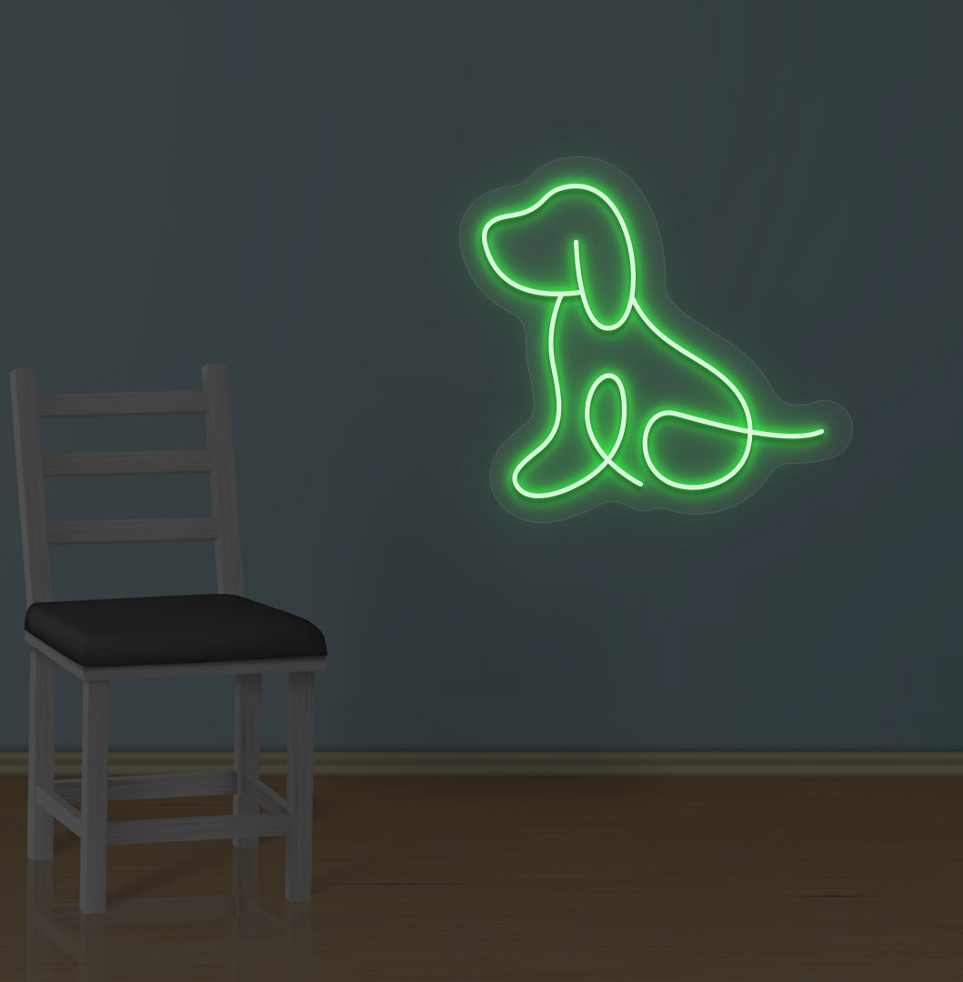 Pet-themed wall with a dog LED neon sign glowing green. Perfect for pet lovers, bedrooms, pet shops, grooming salons, kids’ rooms, and play areas.