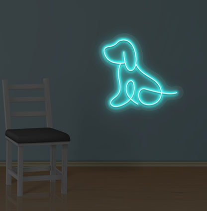 Image of a bright dog LED neon sign mounted on wall in ice blue color.