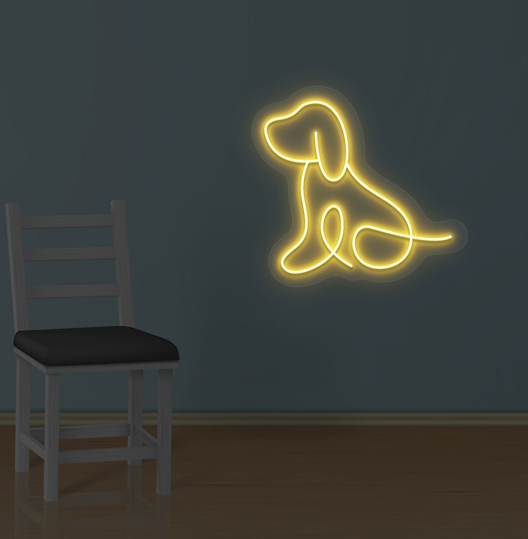 Pet-themed wall with a dog LED neon sign glowing orange. Perfect for pet lovers, bedrooms, pet shops, grooming salons, kids’ rooms, and play areas.