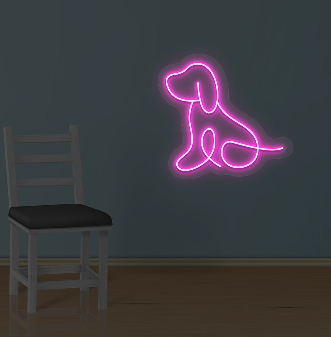 Image of a bright dog LED neon sign mounted on wall in pink color.