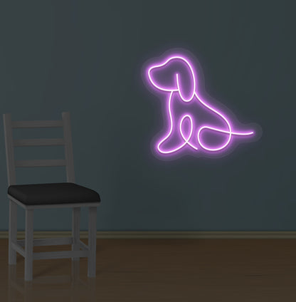 Pet-themed wall with a dog LED neon sign glowing purple. Perfect for pet lovers, bedrooms, pet shops, grooming salons, kids’ rooms, and play areas.