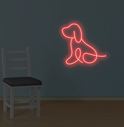 Image of a bright dog LED neon sign mounted on wall in red color.