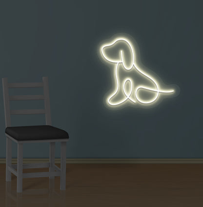 Pet-themed wall with a dog LED neon sign glowing warm white. Perfect for pet lovers, bedrooms, pet shops, grooming salons, kids’ rooms, and play areas.