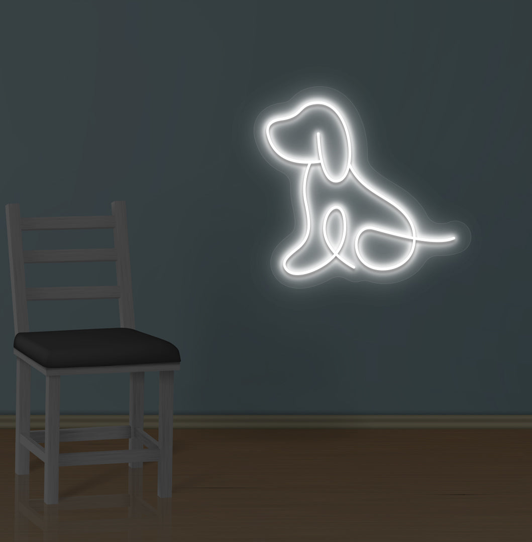 Image of a bright dog LED neon sign mounted on wall in white color.
