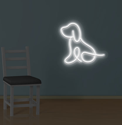 Image of a bright dog LED neon sign mounted on wall in white color.