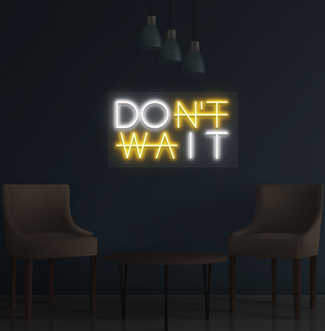 A stylish orange LED "Don't Wait" neon sign is glowing on the wall. Perfect for home offices, study rooms, gyms, and creative studios.