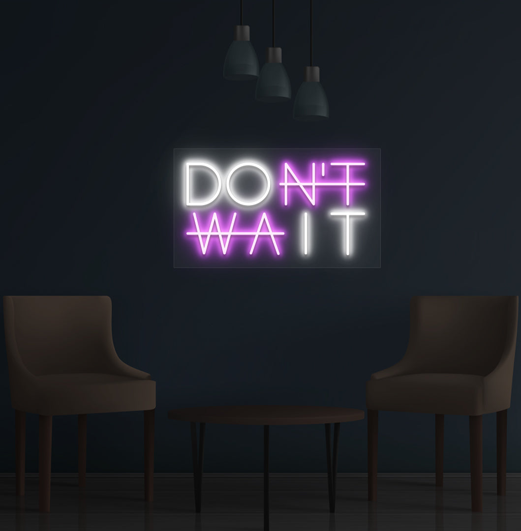 A stylish purple LED "Don't Wait" neon sign is glowing on the wall. Perfect for home offices, study rooms, gyms, and creative studios.