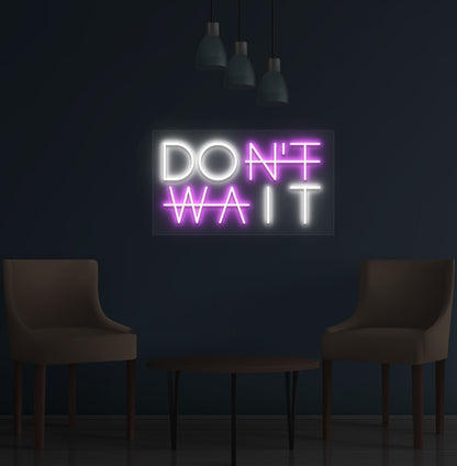 A stylish purple LED "Don't Wait" neon sign is glowing on the wall. Perfect for home offices, study rooms, gyms, and creative studios.
