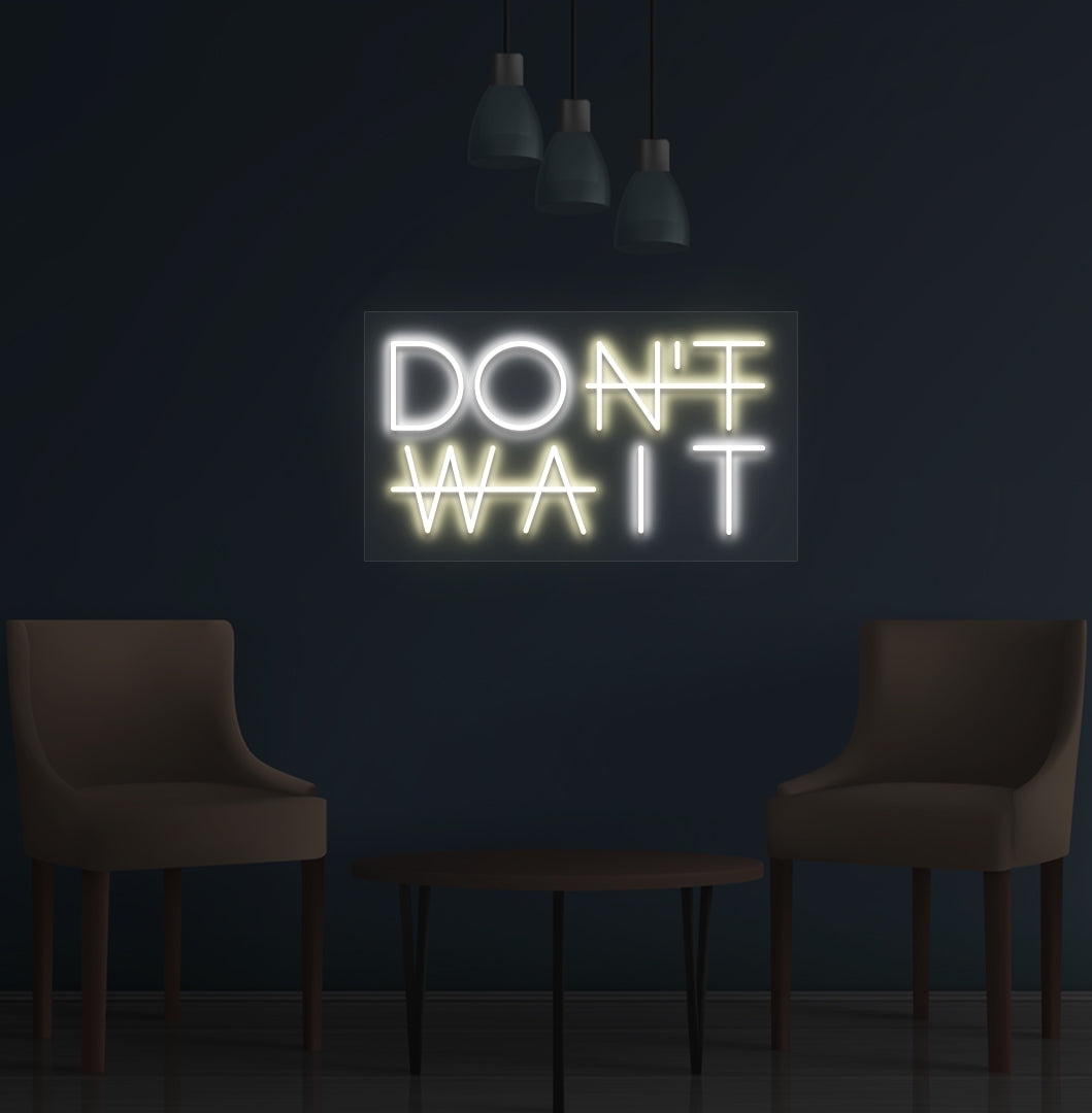 A stylish warm white LED "Don't Wait" neon sign is glowing on the wall. Perfect for home offices, study rooms, gyms, and creative studios.
