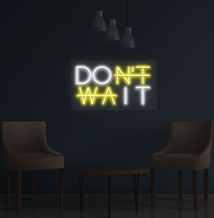 A stylish yellow LED "Don't Wait" neon sign is glowing on the wall. Perfect for home offices, study rooms, gyms, and creative studios.
