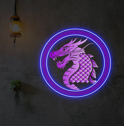 A dragon neon sign in UV printing with a blue LED mounted on an aesthetic wall.